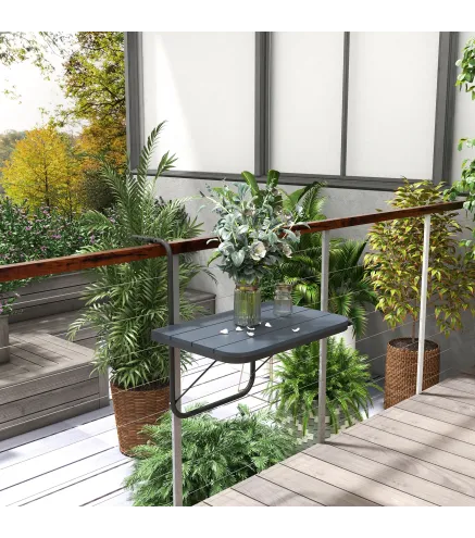 Mesa Colgante para Balcón Plegable de Aluminio con Altura Ajustable en 4 Niveles Carga 25 kg 60x40x55-64 cm Negro