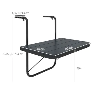 Mesa Colgante para Balcón Plegable de Aluminio con Altura Ajustable en 4 Niveles Carga 25 kg 60x40x55-64 cm Negro