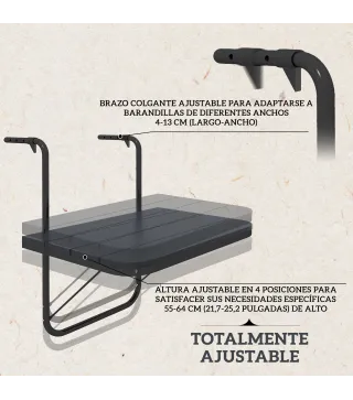 Mesa Colgante para Balcón Plegable de Aluminio con Altura Ajustable en 4 Niveles Carga 25 kg 60x40x55-64 cm Negro