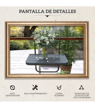 Mesa Colgante para Balcón Plegable de Aluminio con Altura Ajustable en 4 Niveles Carga 25 kg 60x40x55-64 cm Negro