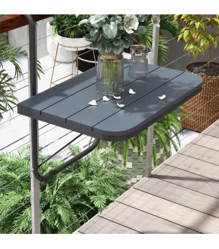 Mesa Colgante para Balcón Plegable de Aluminio con Altura Ajustable en 4 Niveles Carga 25 kg 60x40x55-64 cm Negro