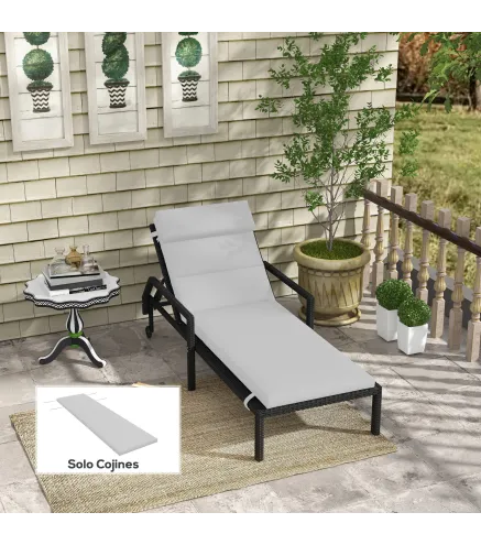 Cojín para Tumbona de Algodón 196x63x6 cm con Tela Hidrófuga Cojín de Asiento y Respaldo Gris Claro