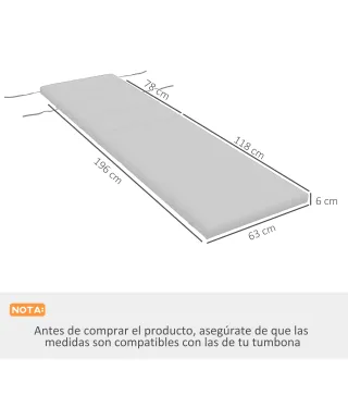 Cojín para Tumbona de Algodón 196x63x6 cm con Tela Hidrófuga Cojín de Asiento y Respaldo Gris Claro