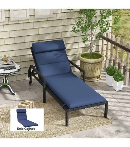 Cojín para Tumbona de Algodón 196x63x6 cm con Tela Hidrófuga Cojín de Asiento y Respaldo Azul Oscuro