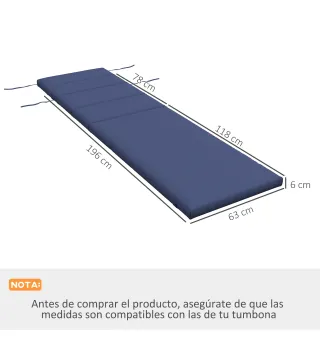 Cojín para Tumbona de Algodón 196x63x6 cm con Tela Hidrófuga Cojín de Asiento y Respaldo Azul Oscuro