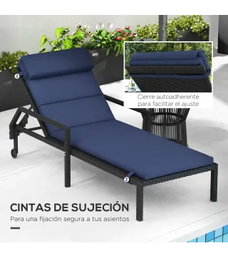 Cojín para Tumbona de Algodón 196x63x6 cm con Tela Hidrófuga Cojín de Asiento y Respaldo Azul Oscuro