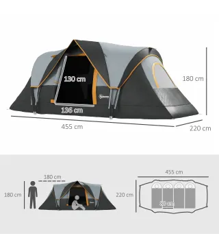 Tienda de Acampada para 5-6 Personas Impermeable 3000mm+ con Bolsa de Transporte y Gancho 455x220x180 cm Gris