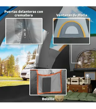 Tienda de Acampada para 5-6 Personas Impermeable 3000mm+ con Bolsa de Transporte y Gancho 455x220x180 cm Gris