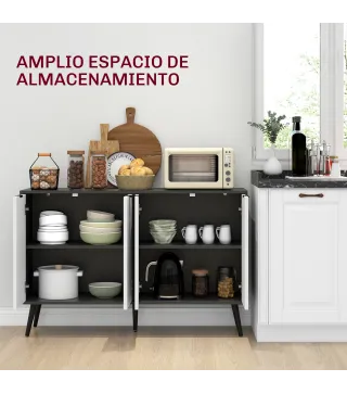 Aparador de 4 Puertas Aparador de Salón Estantes Ajustables Patas de Madera para Cocina Blanco y Negro 120x35x77,4 cm