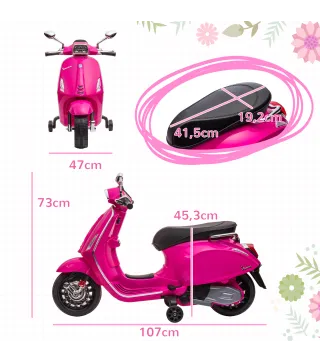Moto Eléctrica para Niños de +3 Años con Licencia Vespa con USB MP3 Luz LED Radio FM Velocidad 3 km/h Carga 35kg Rosa