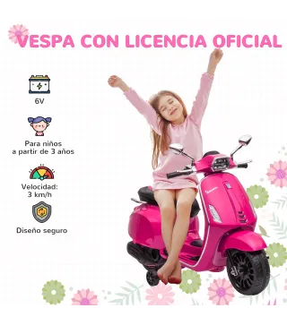 Moto Eléctrica para Niños de +3 Años con Licencia Vespa con USB MP3 Luz LED Radio FM Velocidad 3 km/h Carga 35kg Rosa