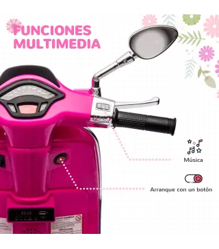 Moto Eléctrica para Niños de +3 Años con Licencia Vespa con USB MP3 Luz LED Radio FM Velocidad 3 km/h Carga 35kg Rosa