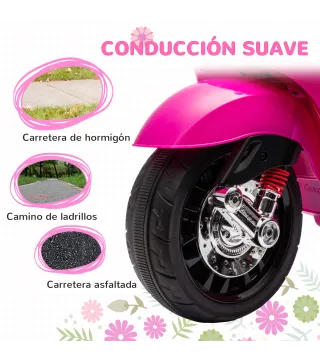 Moto Eléctrica para Niños de +3 Años con Licencia Vespa con USB MP3 Luz LED Radio FM Velocidad 3 km/h Carga 35kg Rosa
