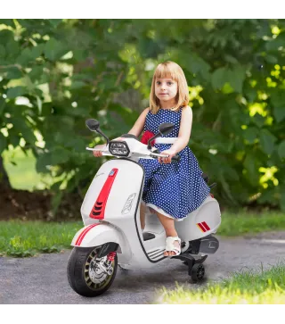 Moto Eléctrica para Niños de +3 Años con Licencia Vespa con USB MP3 Luz LED Radio FM Velocidad 3 km/h Carga 35kg Blanco