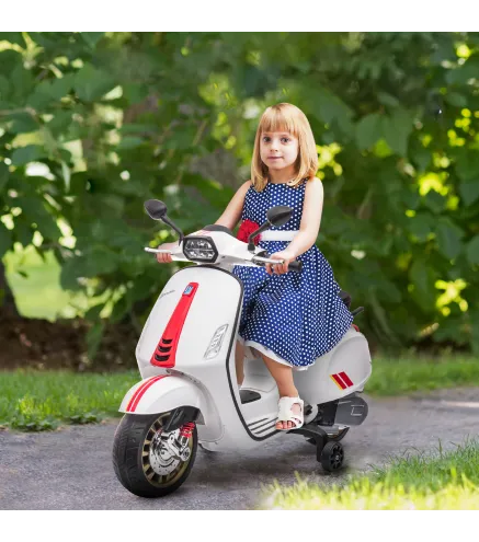 Moto Eléctrica para Niños de +3 Años con Licencia Vespa con USB MP3 Luz LED Radio FM Velocidad 3 km/h Carga 35kg Blanco