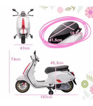 Moto Eléctrica para Niños de +3 Años con Licencia Vespa con USB MP3 Luz LED Radio FM Velocidad 3 km/h Carga 35kg Blanco