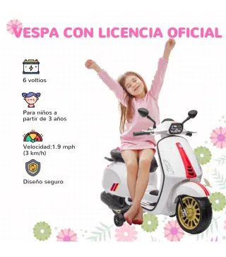 Moto Eléctrica para Niños de +3 Años con Licencia Vespa con USB MP3 Luz LED Radio FM Velocidad 3 km/h Carga 35kg Blanco