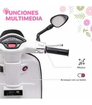 Moto Eléctrica para Niños de +3 Años con Licencia Vespa con USB MP3 Luz LED Radio FM Velocidad 3 km/h Carga 35kg Blanco