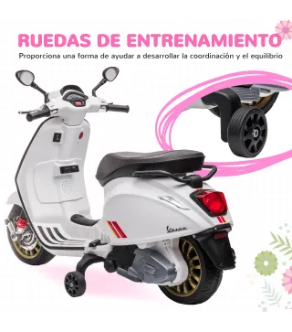 Moto Eléctrica para Niños de +3 Años con Licencia Vespa con USB MP3 Luz LED Radio FM Velocidad 3 km/h Carga 35kg Blanco
