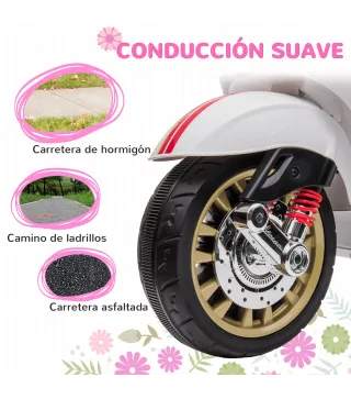 Moto Eléctrica para Niños de +3 Años con Licencia Vespa con USB MP3 Luz LED Radio FM Velocidad 3 km/h Carga 35kg Blanco