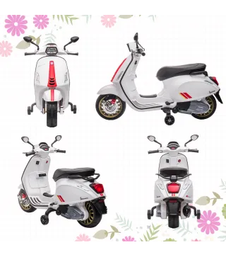 Moto Eléctrica para Niños de +3 Años con Licencia Vespa con USB MP3 Luz LED Radio FM Velocidad 3 km/h Carga 35kg Blanco