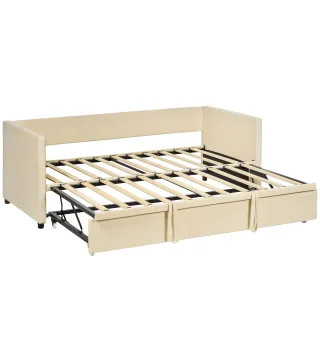 Cama Nido Tipo Diván 2 en 1 con Base Metálica y Tapizado Cama Inferior Extraíble para Colchones de 90x190 cm Beige