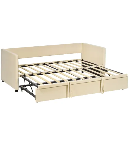 Cama Nido Tipo Diván 2 en 1 con Base Metálica y Tapizado Cama Inferior Extraíble para Colchones de 90x190 cm Beige