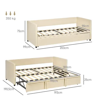 Cama Nido Tipo Diván 2 en 1 con Base Metálica y Tapizado Cama Inferior Extraíble para Colchones de 90x190 cm Beige