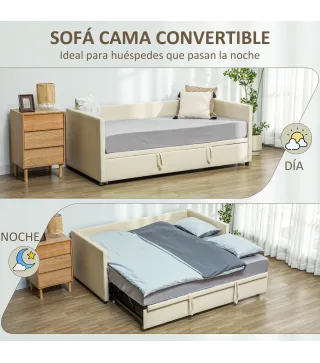 Cama Nido Tipo Diván 2 en 1 con Base Metálica y Tapizado Cama Inferior Extraíble para Colchones de 90x190 cm Beige