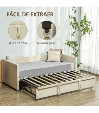 Cama Nido Tipo Diván 2 en 1 con Base Metálica y Tapizado Cama Inferior Extraíble para Colchones de 90x190 cm Beige