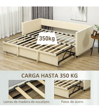 Cama Nido Tipo Diván 2 en 1 con Base Metálica y Tapizado Cama Inferior Extraíble para Colchones de 90x190 cm Beige