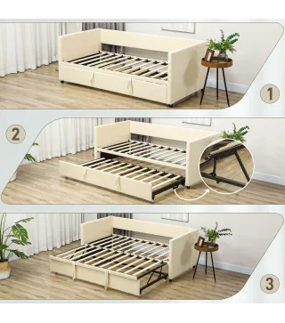 Cama Nido Tipo Diván 2 en 1 con Base Metálica y Tapizado Cama Inferior Extraíble para Colchones de 90x190 cm Beige