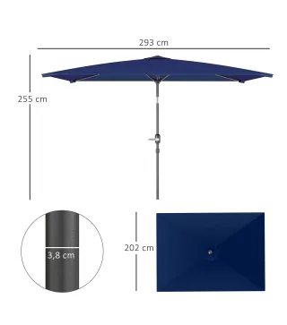 Sombrilla de Aluminio 198x294x255 Parasol Rectangular de Jardín Inclinable con Manivela y Poste Desmontable Azul Marino