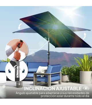 Sombrilla de Aluminio 198x294x255 Parasol Rectangular de Jardín Inclinable con Manivela y Poste Desmontable Azul Marino