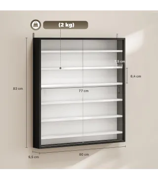 Vitrina de Pared de Madera con Estantes Ajustables y 2 Puertas Correderas de Cristal 80x9,5x83 cm Negro