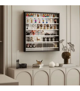 Vitrina de Pared de Madera con Estantes Ajustables y 2 Puertas Correderas de Cristal 80x9,5x83 cm Negro