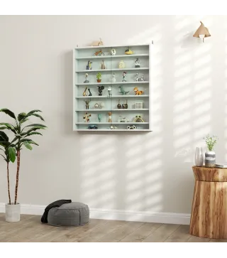 Vitrina de Pared de Madera con Estantes Ajustables y 2 Puertas Correderas de Cristal 80x9,5x83 cm Blanco
