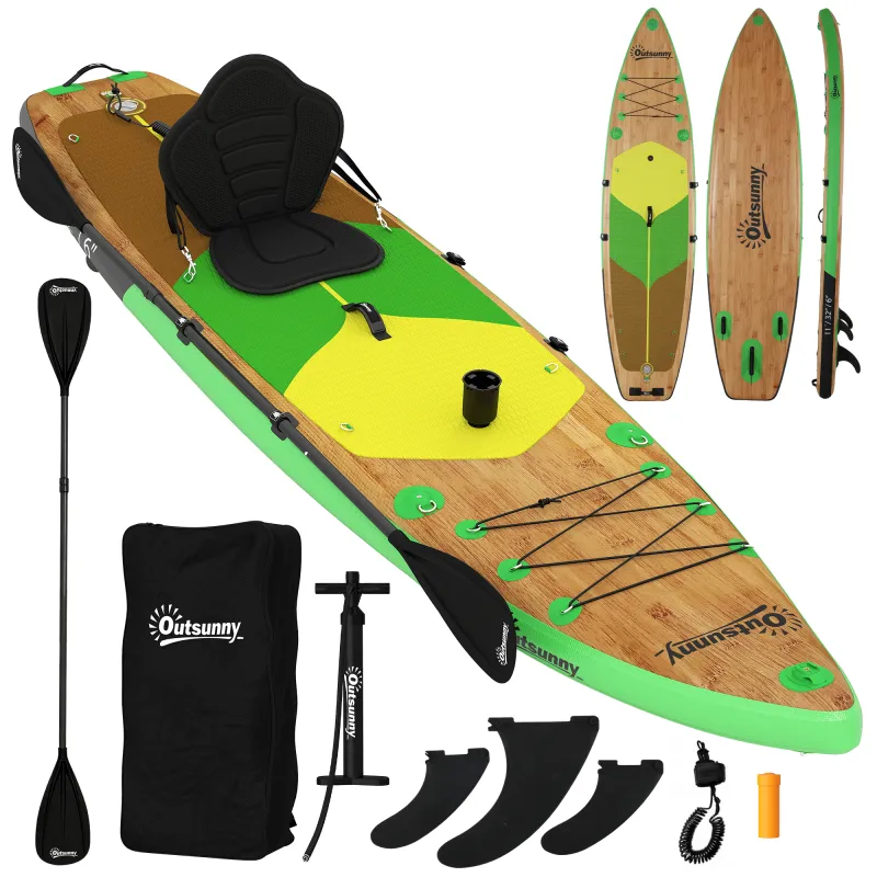 Tabla Paddle Surf Hinchable SUP Extra Largo de 335 cm con Asiento Remo Convertible Aletas Bomba y Mochila Carga 180 kg
