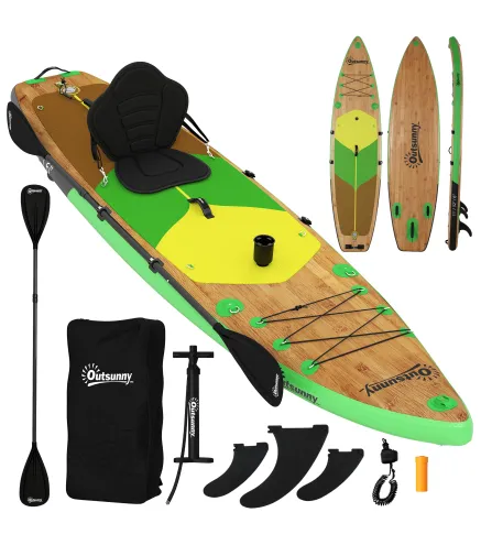 Tabla Paddle Surf Hinchable SUP Extra Largo de 335 cm con Asiento Remo Convertible Aletas Bomba y Mochila Carga 180 kg