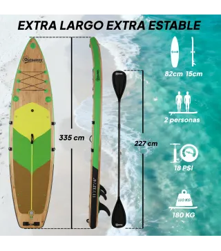Tabla Paddle Surf Hinchable SUP Extra Largo de 335 cm con Asiento Remo Convertible Aletas Bomba y Mochila Carga 180 kg