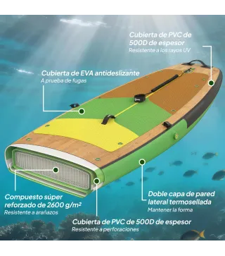 Tabla Paddle Surf Hinchable SUP Extra Largo de 335 cm con Asiento Remo Convertible Aletas Bomba y Mochila Carga 180 kg