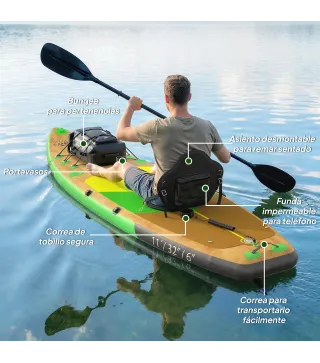 Tabla Paddle Surf Hinchable SUP Extra Largo de 335 cm con Asiento Remo Convertible Aletas Bomba y Mochila Carga 180 kg