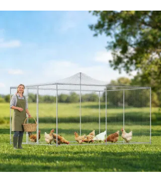 Gallinero para Exterior Grande 4x3x1,97 m 12 m² Gallinero de Acero Galvanizado con Puerta con Doble Cierre Plata