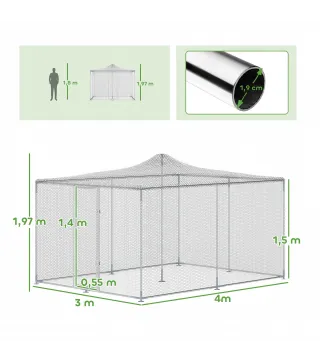 Gallinero para Exterior Grande 4x3x1,97 m 12 m² Gallinero de Acero Galvanizado con Puerta con Doble Cierre Plata