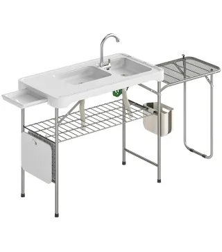 Mesa de Limpieza de Pescado Plegable Portátil con 2 Fregaderos Grifo Manguera Estante Lateral Cesta y Ranuras Blanco