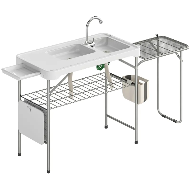 Mesa de Limpieza de Pescado Plegable Portátil con 2 Fregaderos Grifo Manguera Estante Lateral Cesta y Ranuras Blanco