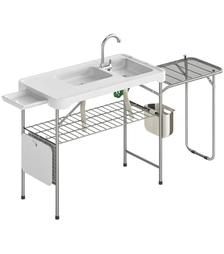 Mesa de Limpieza de Pescado Plegable Portátil con 2 Fregaderos Grifo Manguera Estante Lateral Cesta y Ranuras Blanco