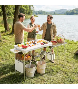 Mesa de Limpieza de Pescado Plegable Portátil con 2 Fregaderos Grifo Manguera Estante Lateral Cesta y Ranuras Blanco