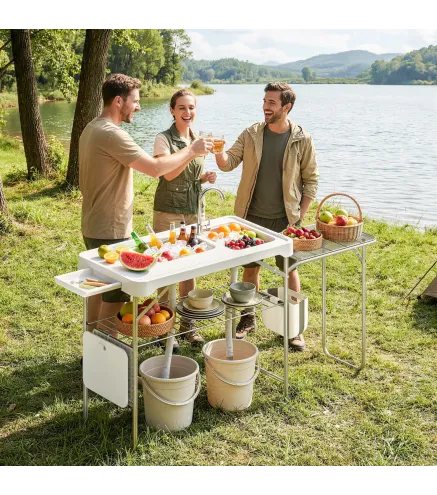 Mesa de Limpieza de Pescado Plegable Portátil con 2 Fregaderos Grifo Manguera Estante Lateral Cesta y Ranuras Blanco