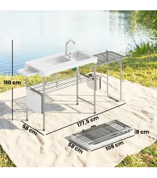 Mesa de Limpieza de Pescado Plegable Portátil con 2 Fregaderos Grifo Manguera Estante Lateral Cesta y Ranuras Blanco